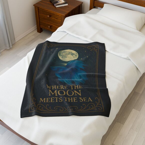 Mystical Moon & Sea Betta Fish Velveteen Blanket - Ocean Moonlight Throw 30x40" - Picture 2 of 4